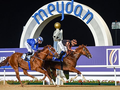 Gladiator King, ridden by Mickael Barzalona, wins the Dubawi Stakes at the Dubai World Cup Carnival.