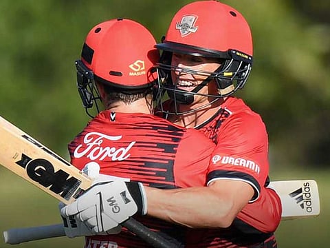 Leo Carter celebrates his six consecutive sixes for Canterbury.