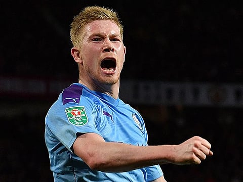 Manchester City's Belgian midfielder Kevin De Bruyne celebrates.