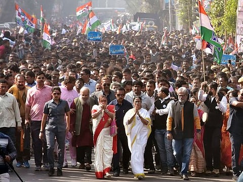 Chief Minister of West Bengal Mamata Banerjee leads a protest rally against the Citizenship Amendment Act (CAA) and National Register of Citizens (NRC), in Kolkata on Tuesday.