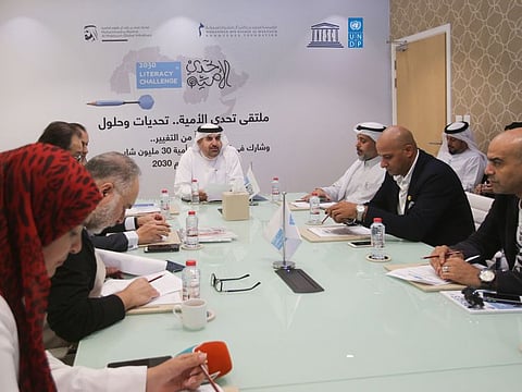 Jamal Bin Huwaireb, CEO Mohammed Bin Rashid Al Maktoum Knowledge foundation. Speaks during 2030 Lieracy Challenge press conference in Dubai.