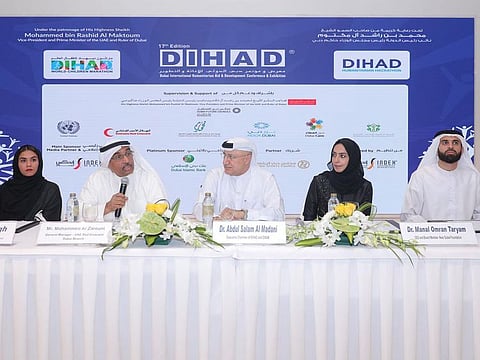L To R :  Sara Al Sayegh, director communications of Dubai Slirts Ckubcil, Mohammad Al Zarouni GM, Red Creacebt, Dubai, Abdulla Salam Al Madani, Chaiman DIHAD, Dr Manal Al Taryam CEO Noor Dubai and Moosa Khoikhoi Musa, representing Dubai Future Council for humanitarian Aid at the DIHAD event .