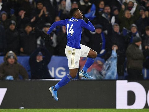 Kelechi Iheanacho celebrates his equaliser for Leicester against Aston Villa