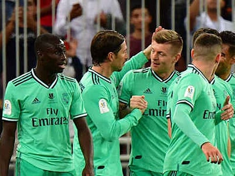 Toni Kroos celebrates his goal in the Spanish Super Cup in Saudi Arabia.