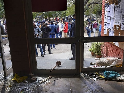 The Sabarmati Hostel following the violence at the Jawaharlal Nehru University (JNU) in New Delhi on January 6, 2020. A group of masked men and women armed with sticks, rods and acid allegedly unleashed violence on the campus  of the university.