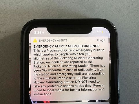 An emergency alert issued by the Canadian province of Ontario reporting an unspecified “incident” at a nuclear plant is shown on a smartphone Sunday, Jan. 12, 2020.