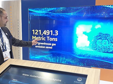 Dr Mahmoud Al Hader from the AADC indicates to the giant screen of smart water conservation system at the ADSW 2020. 

PICTURES BY Anwar Ahmad