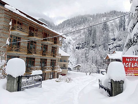 Solang Valley in Manali is covered with snow during heavy snowfall. 