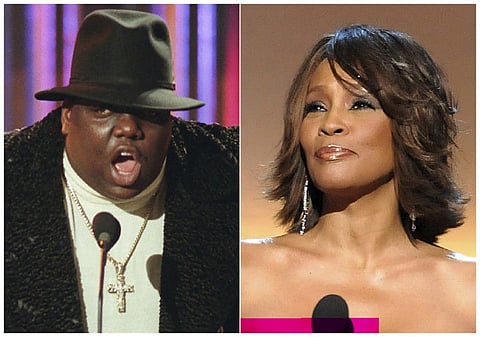This combination photo shows Notorious B.I.G., who won rap artist and rap single of the year, during the annual Billboard Music Awards in New York on Dec. 6, 1995, left, and singer Whitney Houston at the BET Honors in Washington on Jan. 17, 2009. The pair will be inducted into the Rock and Roll Hall of Fame's 2020 class. (AP Photo)