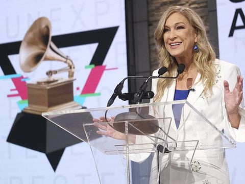 FILE - In this Wednesday, Nov. 20, 2019, file photo, Recording Academy President/CEO Deborah Dugan participates in the 62nd Grammy Awards nominations news conference at Studio 43 at CBS Broadcast Center in New York. In a move announced late Thursday, Jan. 16, 2020, the Recording Academy has placed Dugan on administrative leave following an allegation of unspecified misconduct by a senior leader. (Photo by Charles Sykes/Invision/AP, File)