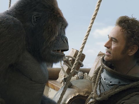 (from left) Gorilla Chee-Chee (Rami Malek) and Dr. John Dolittle (Robert Downey Jr.) in Dolittle, directed by Stephen Gaghan.