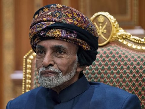 FILE - In this Jan. 14, 2019 file photo, Sultan Qaboos bin Said of Oman sits during a meeting with Secretary of State Mike Pompeo at the Beit Al Baraka Royal Palace in Muscat, Oman. Oman's 79-year-old ruler Sultan Qaboos bin Said is in "stable condition" and is following a doctor-prescribed medical treatment, the nation's royal court announced Tuesday, Dec. 31, 2019, amid days of worried speculation about his health. (Andrew Caballero-Reynolds/Pool Photo via AP, File)