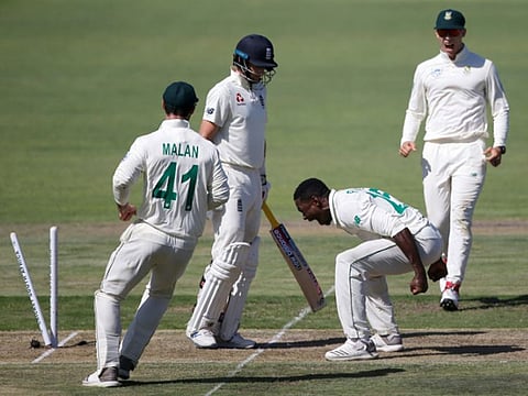 South Africa's Kagiso Rabada celebrates after the dismissal of England's Joe Root on Thursday.