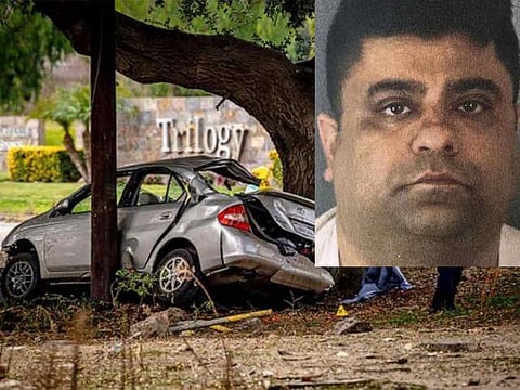 This photo shows a Toyota Prius at the scene of a deadly crash in the Temescal Valley, south of Corona, Calif., Monday, Jan. 20, 2020 and the accused Anurag Chandra (inset)