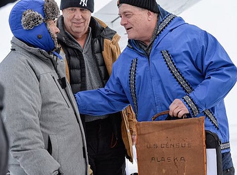 U.S. Census Bureau director Steven Dillingham speaks with a local as the latest once-in-a decade head count of Americans began in the Bering Sea coastal village of Toksook Bay, Alaska on Tuesday.