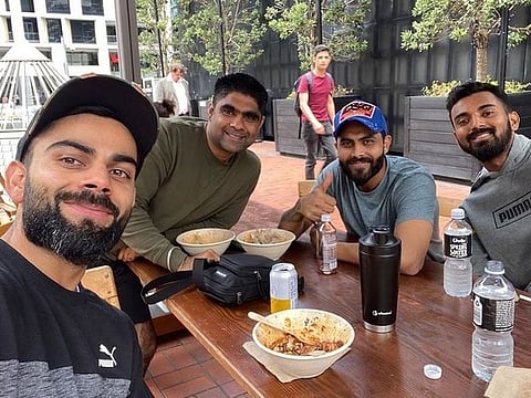 In the picture, Kohli is accompanied by Ravindra Jadeja, K.L. Rahul and Manish Pandey. 
