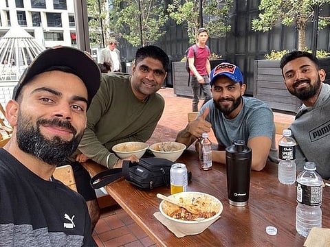 Ravindra Jadeja (third left) with Indian team captain Virat Kohli and K.L. Rahul during their recent tour of New Zealand.