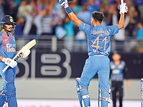 Indian batsmen Shreyas Iyer (right) and Manish Pandey in jubilation after overhauling the steep target set by New Zealand in the first T20 International in Auckland on Friday.