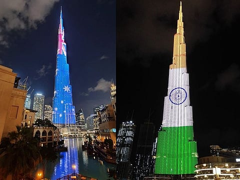 Australian and Indian colours were displayed on the giant LED screen that covers Burj Khalifa on Sunday, to mark the Australian Day and the Indian Republic Day.