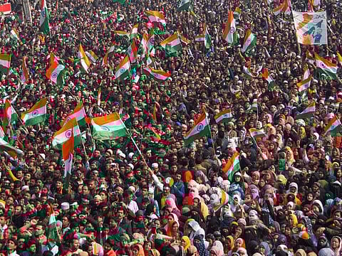 Demonstrators attend Republic Day celebrations at the protest site against a new citizenship law in Shaheen Bagh area of New Delhi, India, on January 26, 2020.