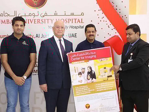 Akbar Moideen (from left), Prof. Hossam Hamdy, Dr Thumbay Moideen and Dr Mohammad Faisal, at the launch of Center for Imaging at Thumbay University Hospital in Ajman.