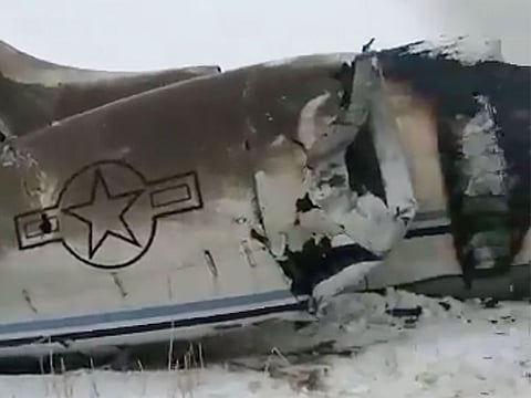 A US Army spokeswoman declined to comment on the Taliban claim, but video from the crash site circulating on social media appeared to suggest the aircraft was a US Air Force electronic surveillance plane. This photo provided by Tariq Ghazniwal shows an aircraft that crashed in eastern Afghanistan on Monday, Jan. 27, 2020. The U.S. military says it is investigating reports of an airplane crash in Taliban-controlled territory in Afghanistan. U.S. Army Maj. Beth Riordan, a spokeswoman for U.S. Central Command, said that it remained unclear whose aircraft was involved in the crash. (Tariq Ghazniwal via AP)