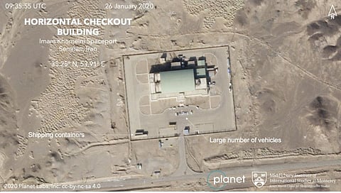 This January 26 satellite image from Planet Labs Inc. that has been annotated by experts  shows activity at the Imam Khomeini Space Centre in Iran's Semnan province. 