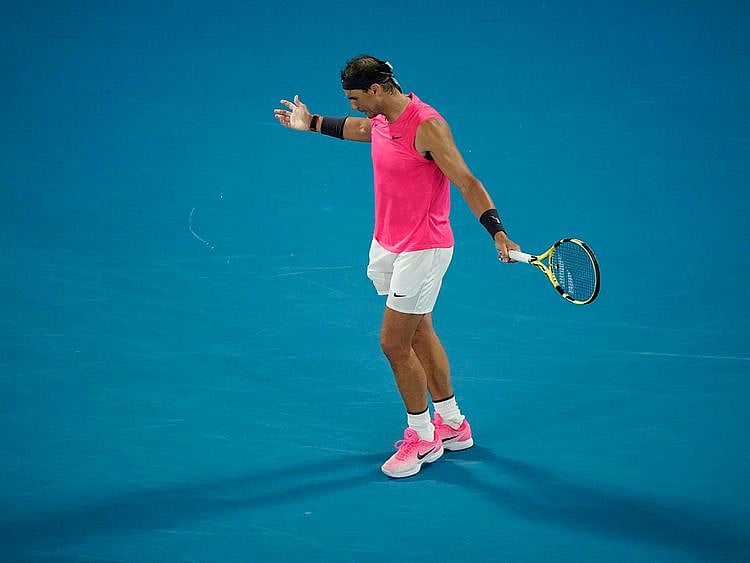 Rafael Nadal reacts during his quarter final match against Dominic Thiem.