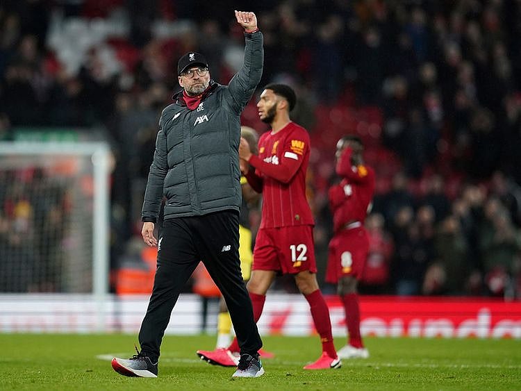 Liverpool's manager Jurgen Klopp greets supporters after the 4-0 win over Southampton