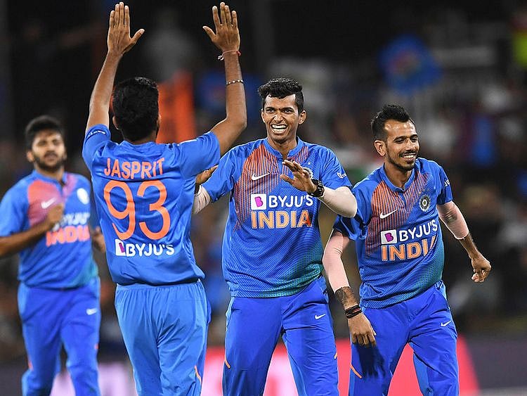 India's Navdeep Saini celebrates the wicket of Ross Taylor during the T20 at Bay Oval in Mt Maunganui