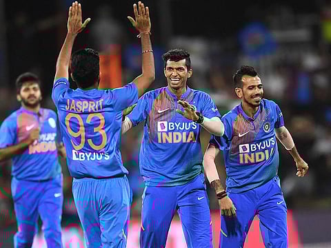 India's Navdeep Saini celebrates the wicket of Ross Taylor during the T20 at Bay Oval in Mt Maunganui