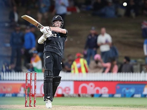 New Zealand’s Mitchell Santner bats during the first ODI against India in Hamilton