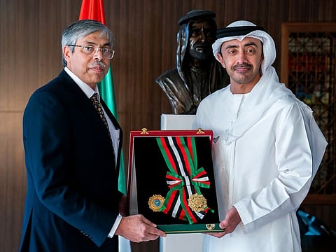 President His Highness Sheikh Khalifa bin Zayed Al Nahyan, has conferred the Medal of Independence of the First Order on Ambassador of Bangladesh to the UAE, Muhammad Imran, in recognition of his efforts that contributed to promoting the friendly relations and cooperation between the UAE and Bangladesh in all spheres. Shaikh Abdullah bin Zayed Al Nahyan, Minister of Foreign Affairs and International Cooperation, presented Ambassador Imran with the medal today at his office in the Ministry .He wished the diplomat good luck and success and lauded his role played to enhance bilateral relations between the UAE and Bangladesh in all fields. Ambassador Imran extended thanks and appreciation to President His Highness Sheikh Khalifa bin Zayed Al Nahyan and praised him for his wise policy and the notable role he plays in the region and internationally.