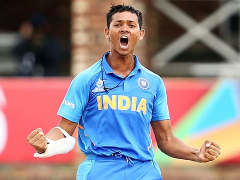 Yashasvi Jaiswal celebrates after hitting an unbeaten century against Pakistan during the ICC U-19 World Cup Semi-Final match in Potchefstroom on Tuesday. 