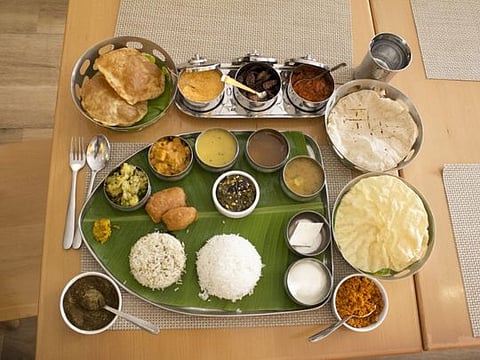 A typical vegetarian Andhra Thali at Sri Krishna Bhavan Restaurant in Karama, Dubai.
