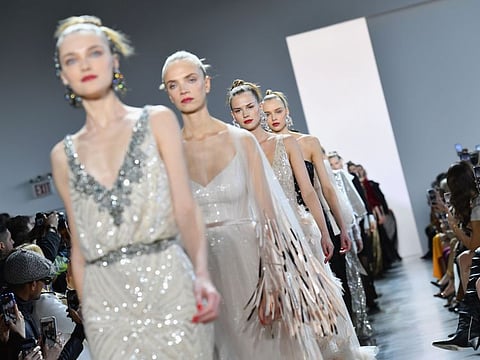 Models walk the runway for Badgley Mischka during New York Fashion Week: The Shows at Spring Studios on February 08, 2020 in New York City.