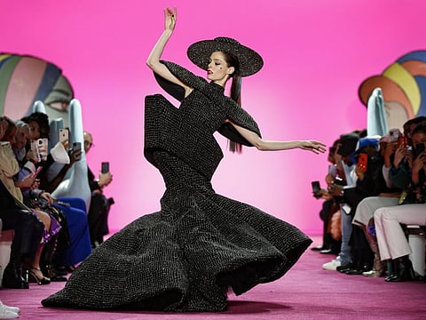 Model Coco Rocha wears the final look of the Christian Siriano collection during Fashion Week, Thursday, Feb. 6, 2020, in New York.