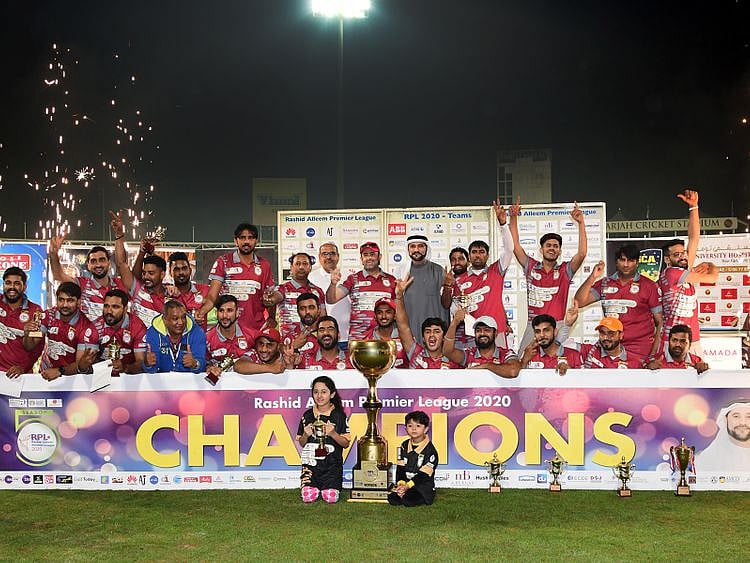 Gulf International that emerged champions of the Rashid Alleem Premier League beating Omega Insurance Brokers in the final at the Sharjah Cricket Stadium. Picture: Organisers 