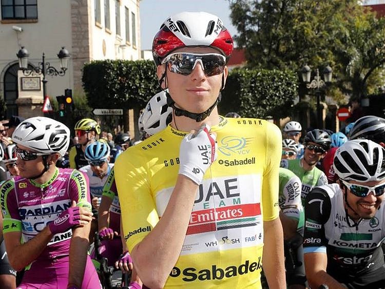 Tadej Pogacar celebrates his victory in the Vuelta Valenciana
