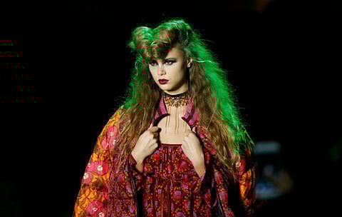 A Model walks the runway for the Anna Sui fashion show during February 2020 - New York Fashion Week: The Shows at the Spring Studios on February 10, 2020 in New York City.