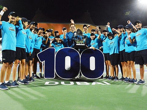 Ball kids with Roger Federer celebrating his 100th Title at the 2019 DDF Tennis Championships