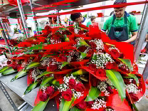 Workers preparing bouquets of red roses at Black Tulip warehouse ahed of Valentine's Day. Photo: Virendra Saklani/Gulf News