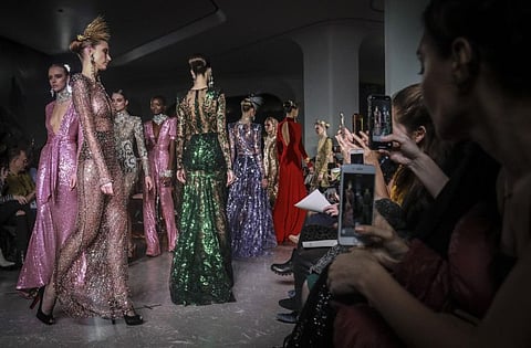 The latest fashion creation from Naeem Khan is modeled during New York's Fashion Week, Tuesday Feb. 11, 2020.