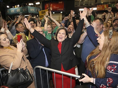 Sinn Fein leader Mary Lou McDonald celebrates with supporters after topping the poll in Dublin central at the RDS count centre in Dublin, Ireland, on February 9, 2020.