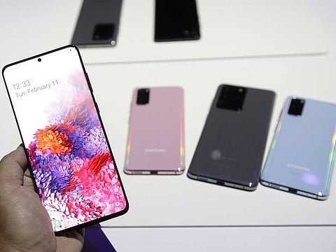 Samsung Galaxy S20 phones are displayed at the Unpacked 2020 event in San Francisco.