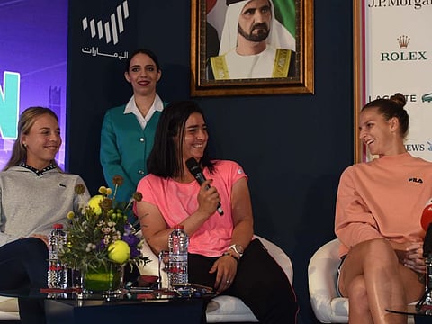 Anett Kontaveit (left), Ons Jabeur and Karolina Pliskova during the Dubai Duty Free Tennis Championships WTA Draw at Majilis at the Dubai Duty Free Tennis Stadium on Saturday. 
