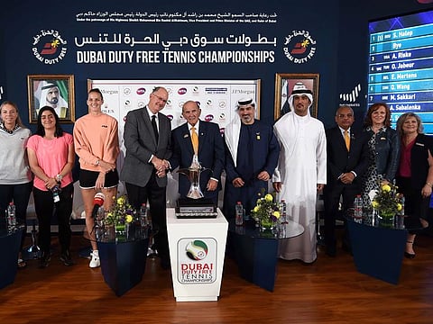 Steve Simon, chief of Women's Tennis Association (WTA), fourth from left, poses wth Colm McLoughlin, Salah Tahlak and Sinead Al Shibai during the draw ceremony of the Dubai Duty Free Tennis Championship in February.