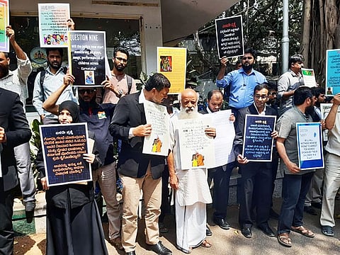 Advocates and people from other organisation protest over sedition case against Shaheen Institute of Schools, outside the DGP's office in Bengaluru on Thursday. 