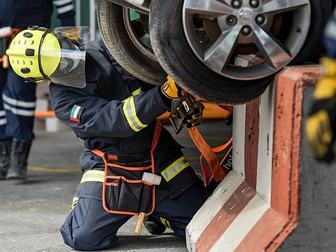 Ras Al Khaimah Police Rescue team in action at the UAE rescue challenge 2020 at Dubai Police’s Al Ruwaiyah Training Centre off Emirates Road in Dubai. 18th February 2020. 