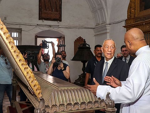 Portugal President Marcelo Rebelo de Souza visits a church in Old Goa on February 16, 2020. Goa was ruled by the Portuguese for a period of 451 years before it was liberated by the Indian armed forces in 1961. 